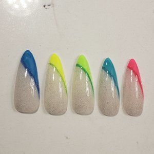 Glow in dark rainbow tip Custom gel Press on Nails Handmade 10 pc set sparkle